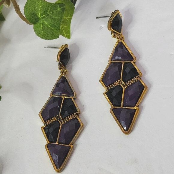 Gold and Purple Geometric Drop Earrings - Picture 1 of 6